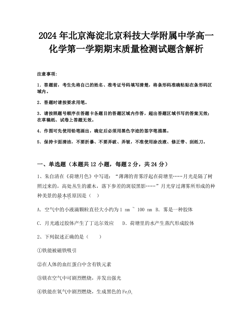 2024年北京海淀北京科技大学附属中学高一化学第一学期期末质量检测试题含解析