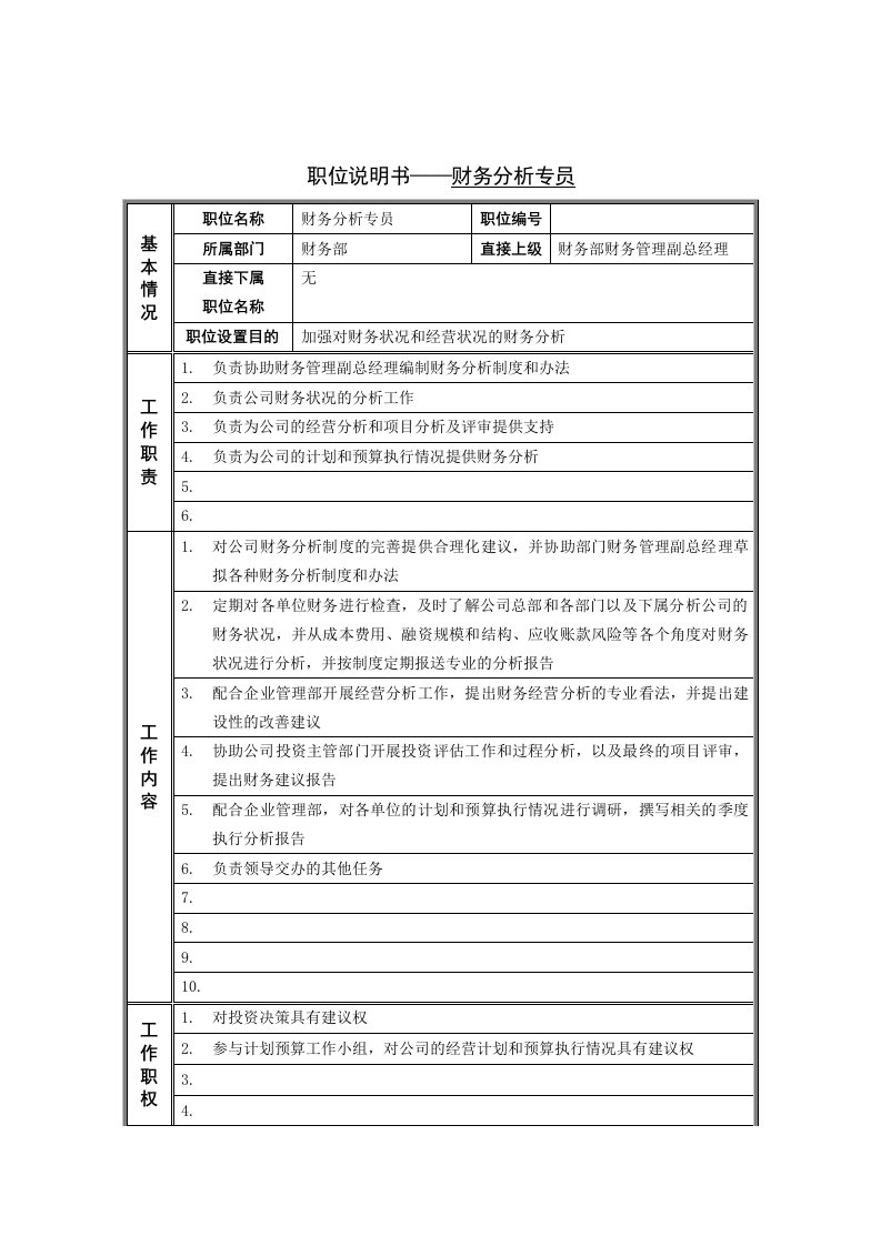 财务分析专员岗位描述