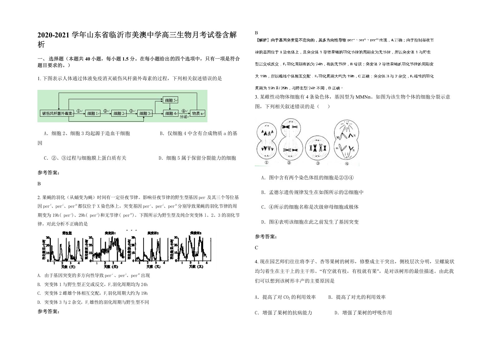 2020-2021学年山东省临沂市美澳中学高三生物月考试卷含解析