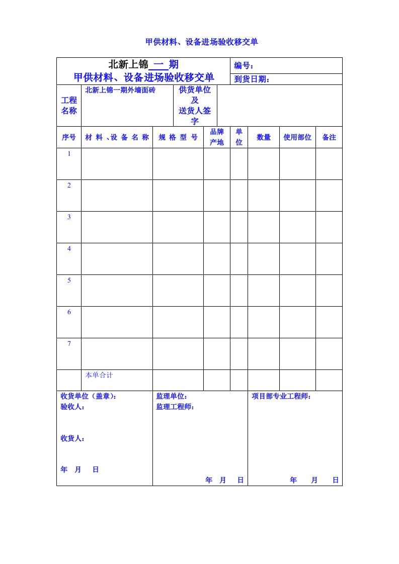 甲供材料、设备进场验收移交单