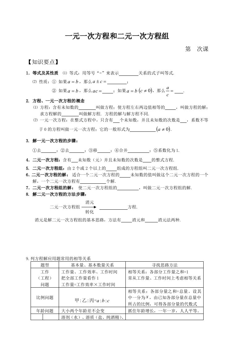 中考数学-一元一次方程和二元一次方程组