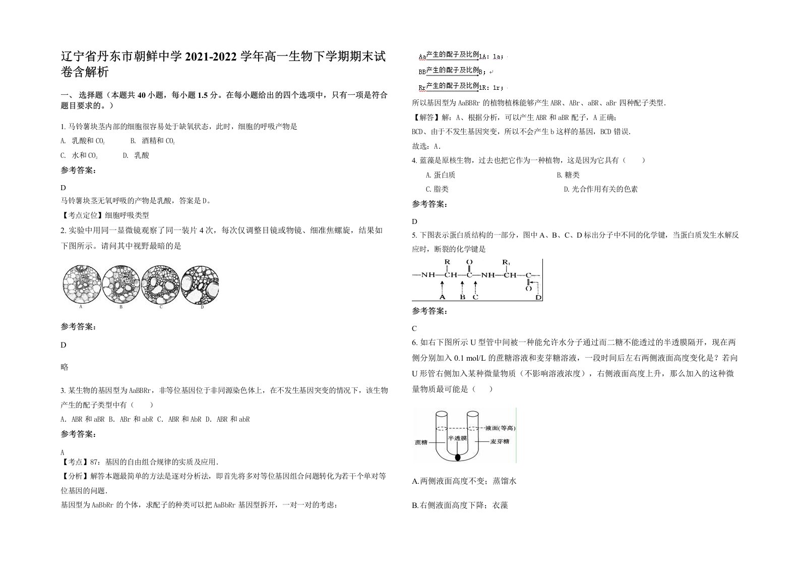 辽宁省丹东市朝鲜中学2021-2022学年高一生物下学期期末试卷含解析