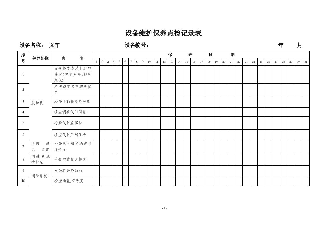 (叉车)日常维护保养记录表(全面)