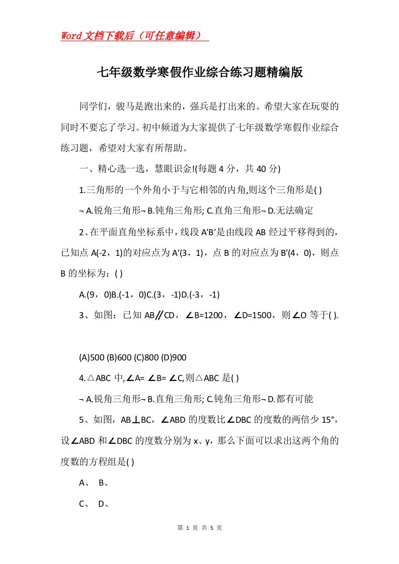 七年级数学寒假作业综合练习题精编版