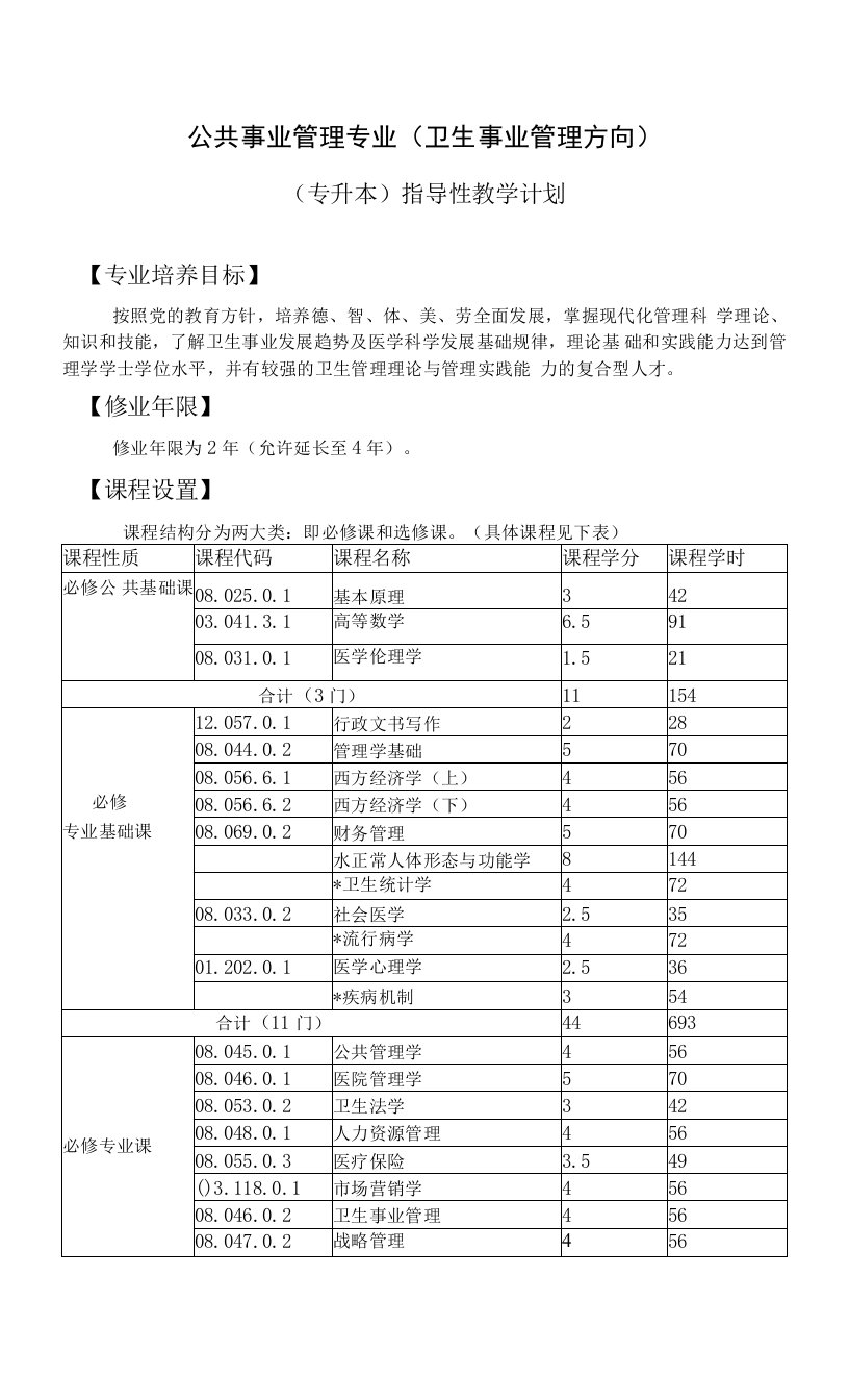 公共事业管理专业（卫生事业管理方向）教学计划