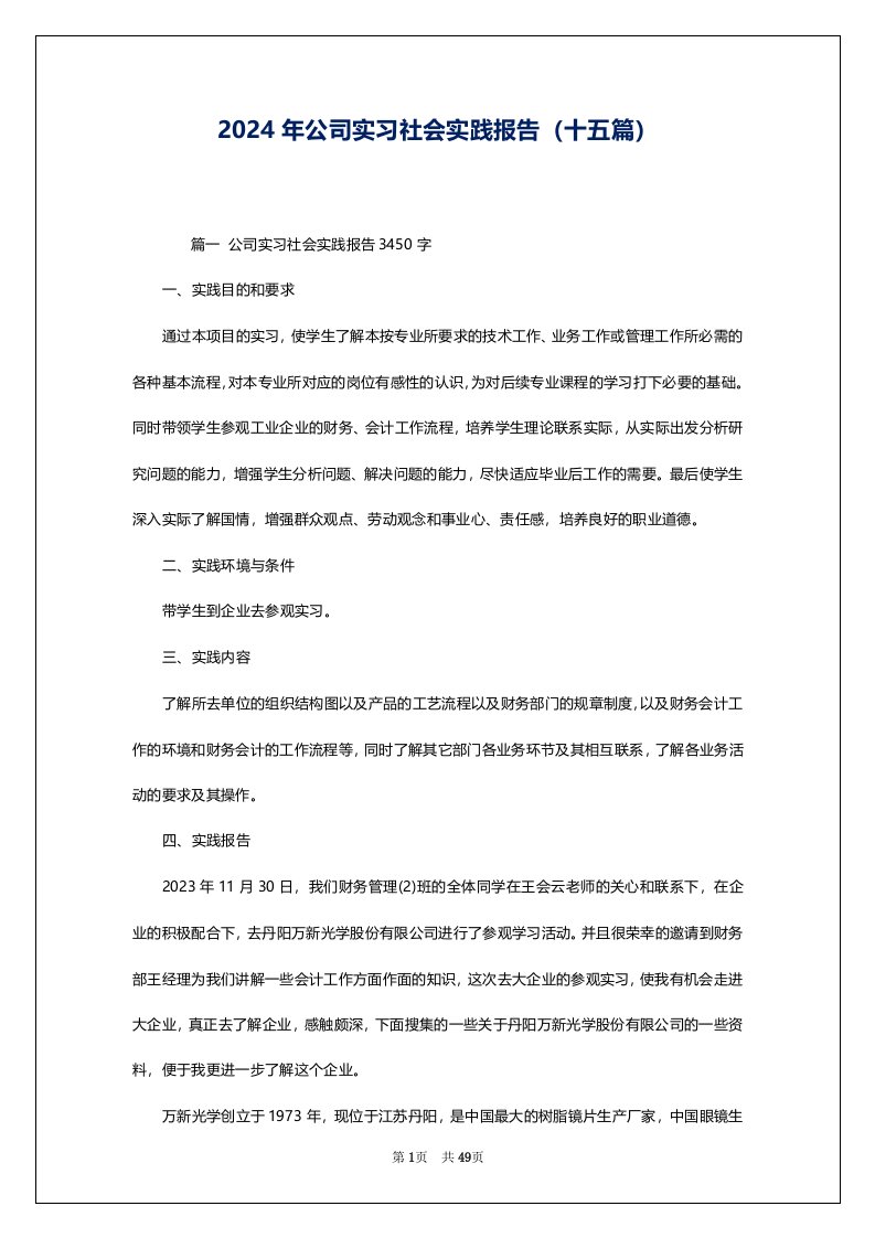 2024年公司实习社会实践报告（十五篇）