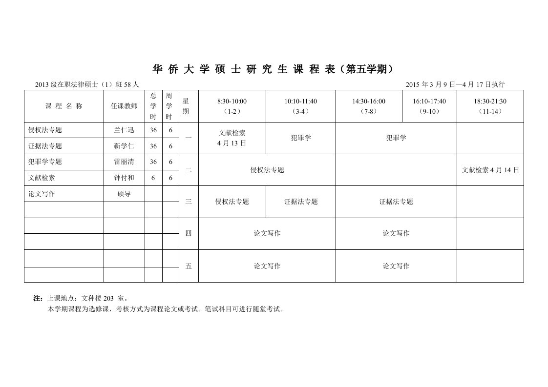 华侨大学硕士研究生课程表(第五学期)