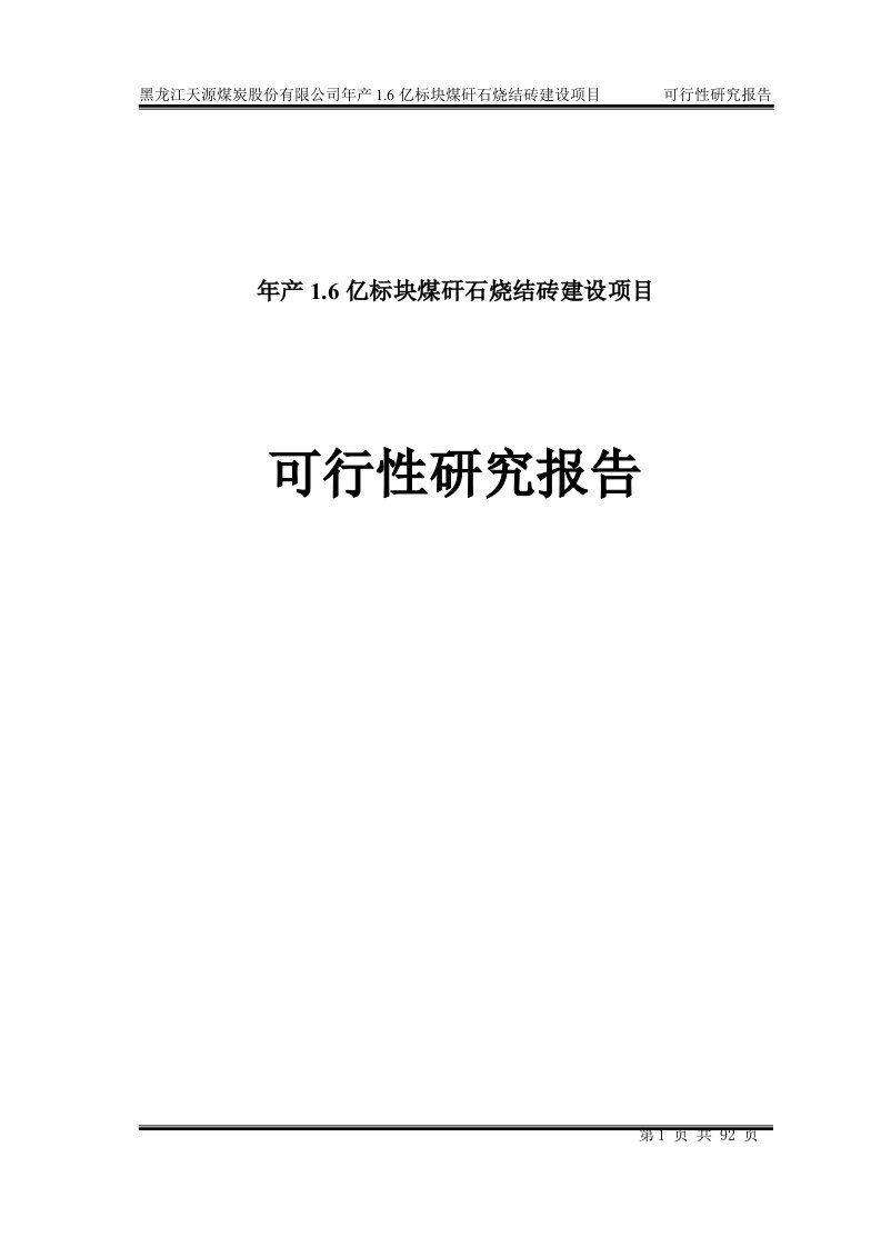 年产16亿标块煤矸石烧结砖建设项目可行性研究分析报告