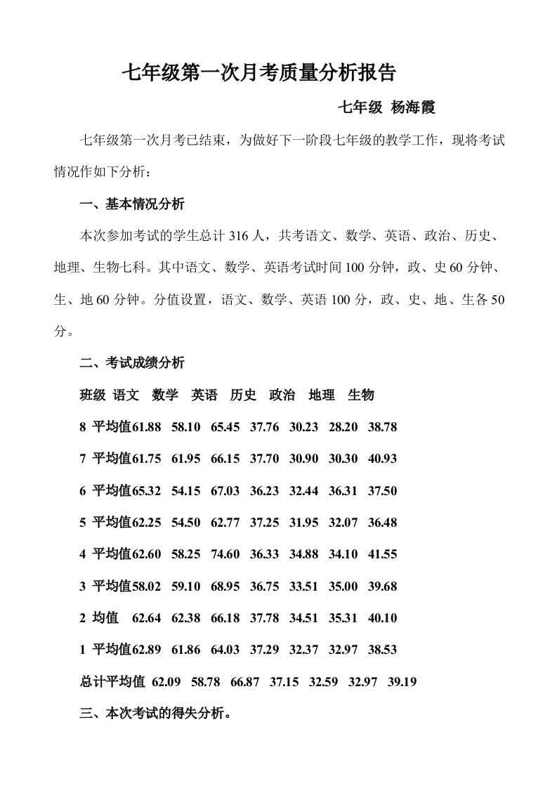 七年级第一次月考质量分析报告