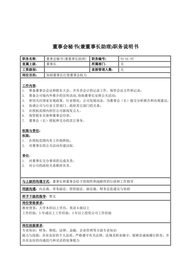 某投资集团董事会秘书(兼董事长助理)职务说明书