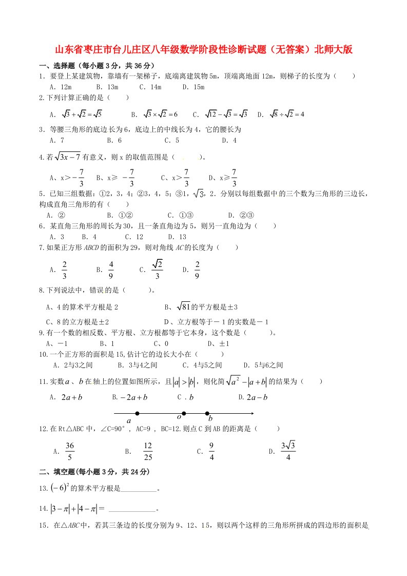 山东省枣庄市台儿庄区八级数学阶段性诊断试题（无答案）北师大版