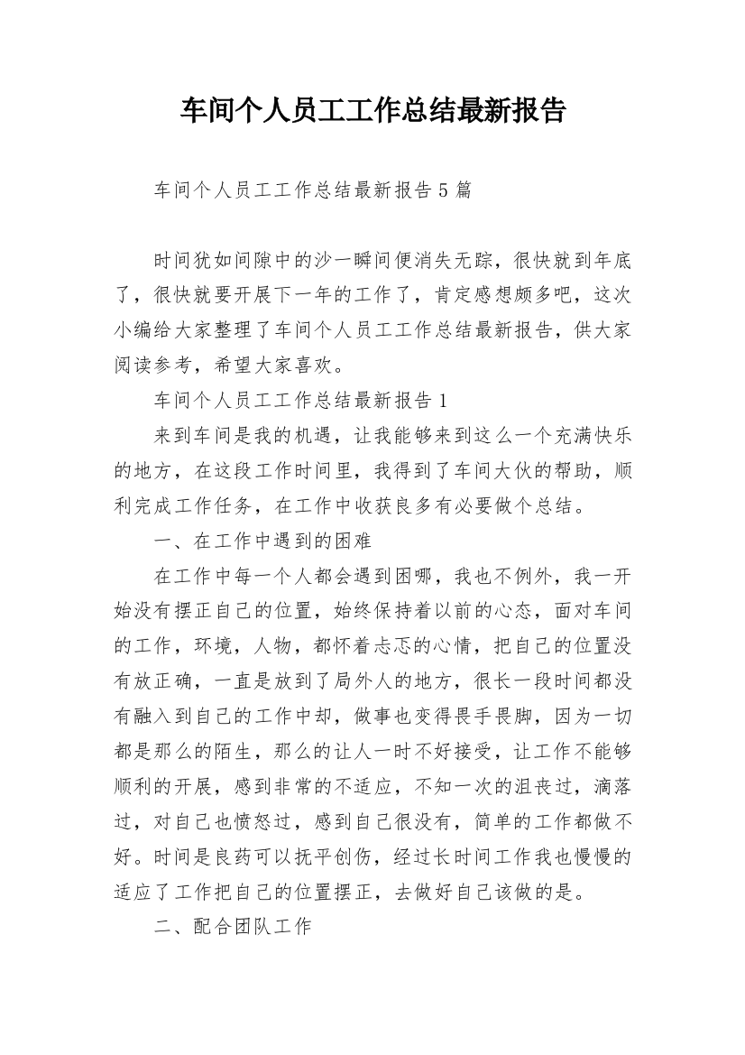 车间个人员工工作总结最新报告