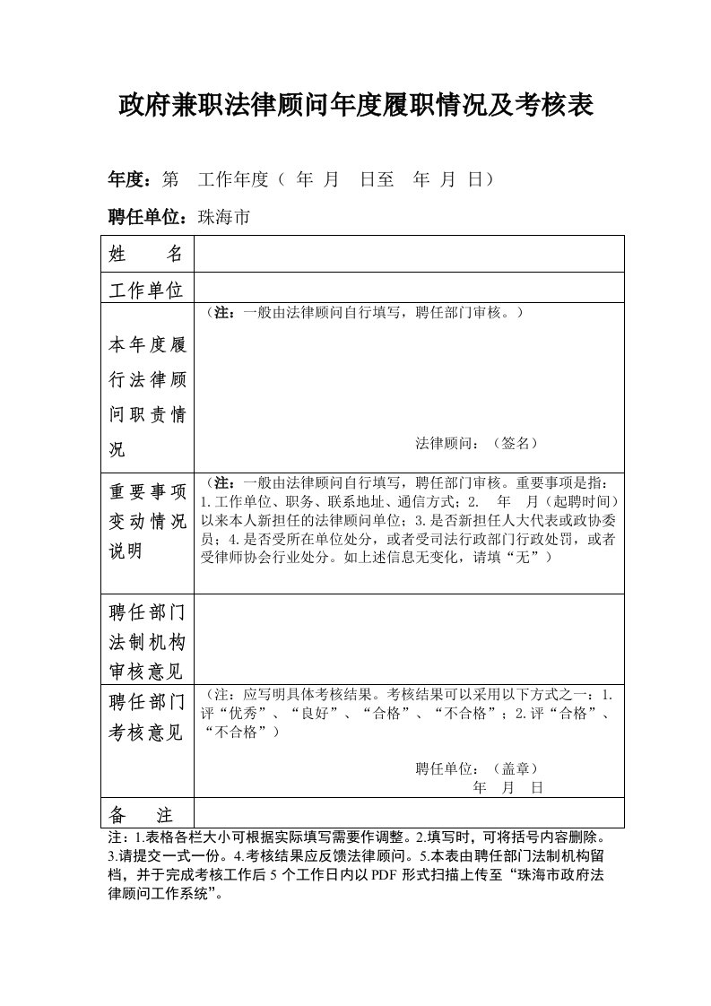 政府兼职法律顾问年度履职情况及考核表