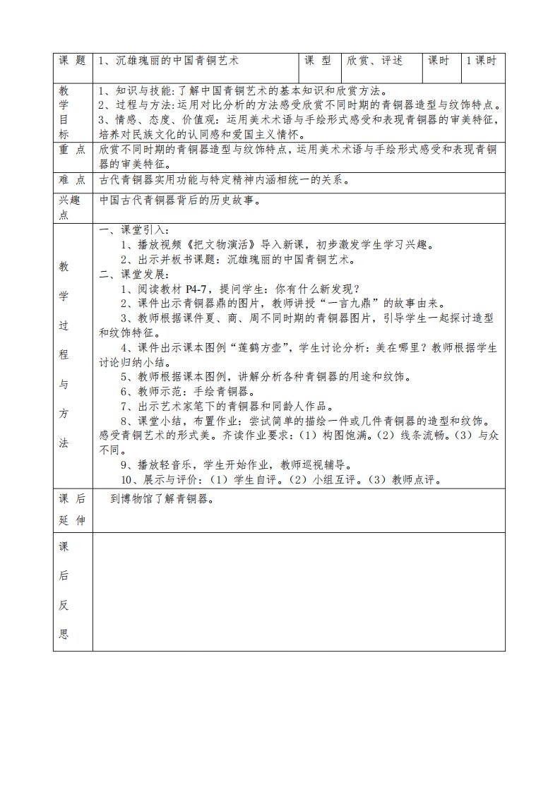 2022-2023学年岭南版初中美术八年级下(全册)教案(表格式)