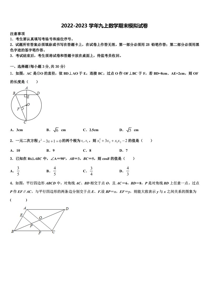 2023届山东省日照市五莲县九年级数学第一学期期末检测模拟试题含解析