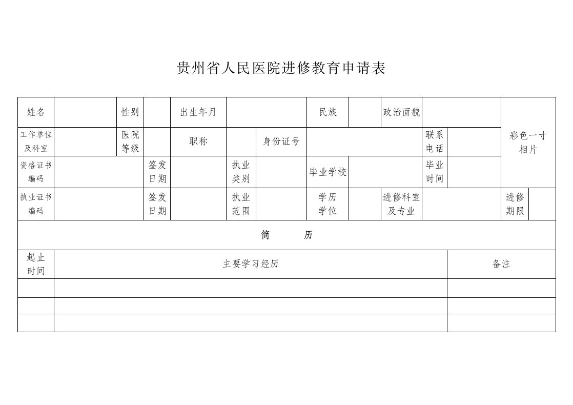 贵州人民医院进修教育申请表