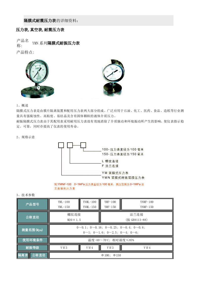 隔膜式耐震压力表的详细资料