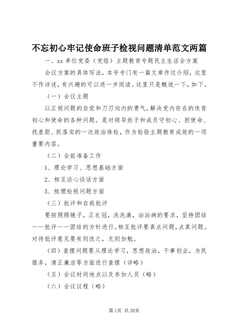 不忘初心牢记使命班子检视问题清单范文两篇