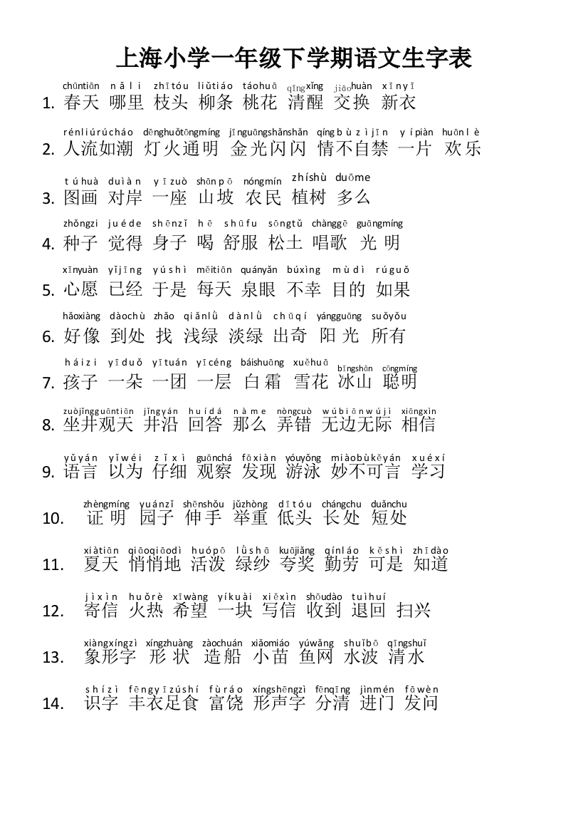 上海一年级下学期第二学期语文词语生字表带拼音