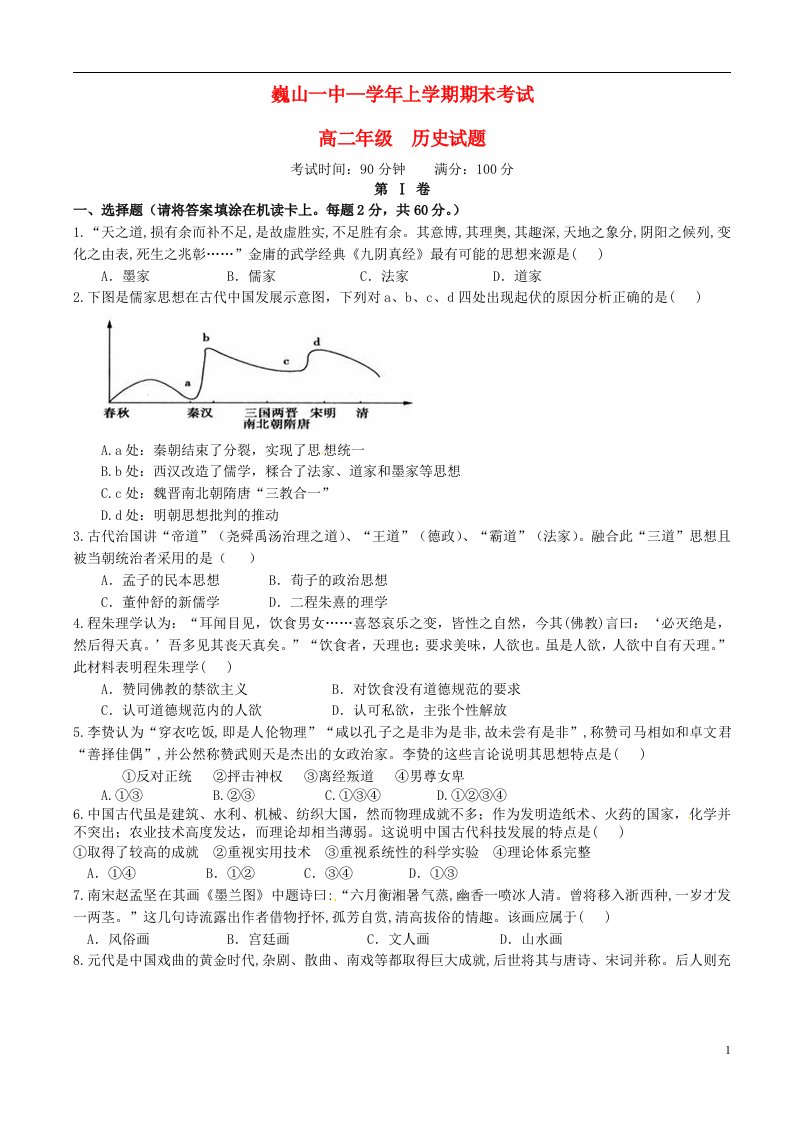 云南省大理市巍山县第一中学高二历史上学期期末考试试题