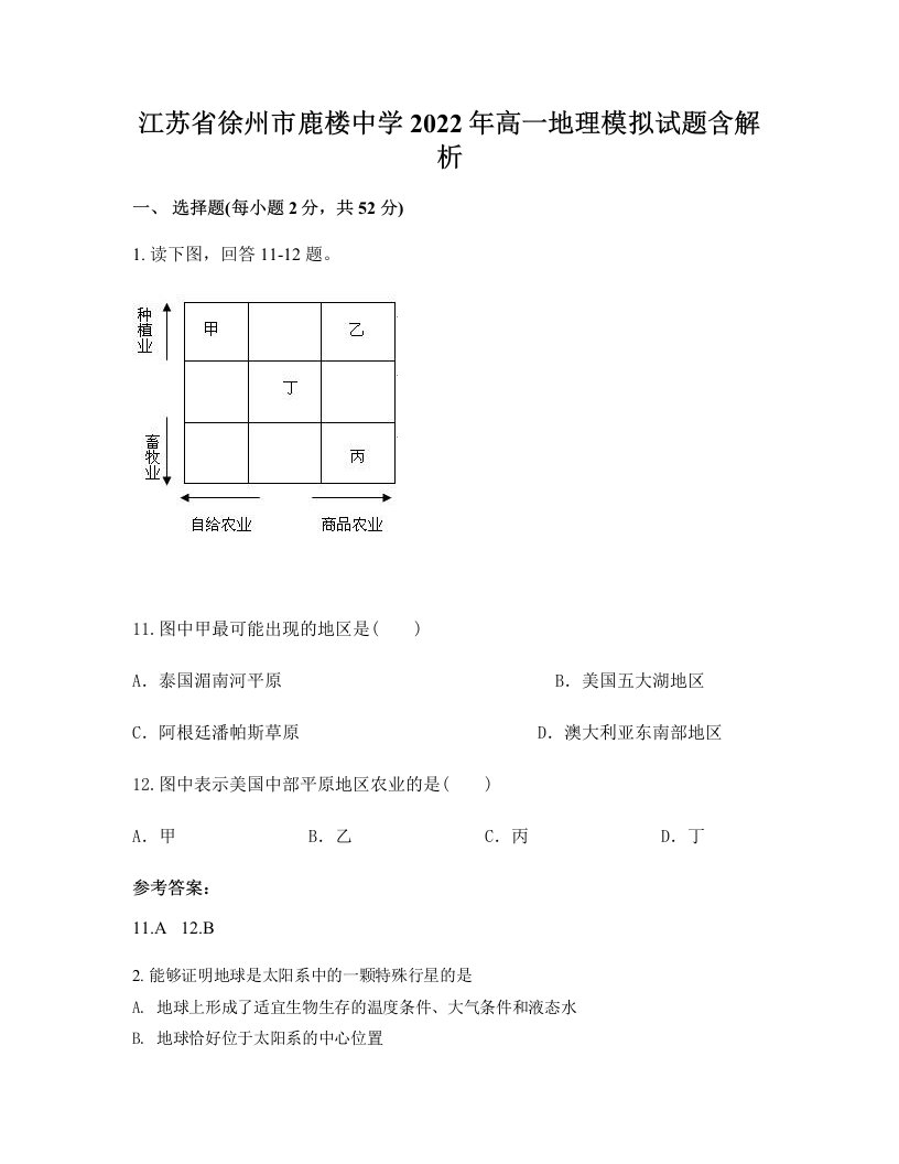 江苏省徐州市鹿楼中学2022年高一地理模拟试题含解析