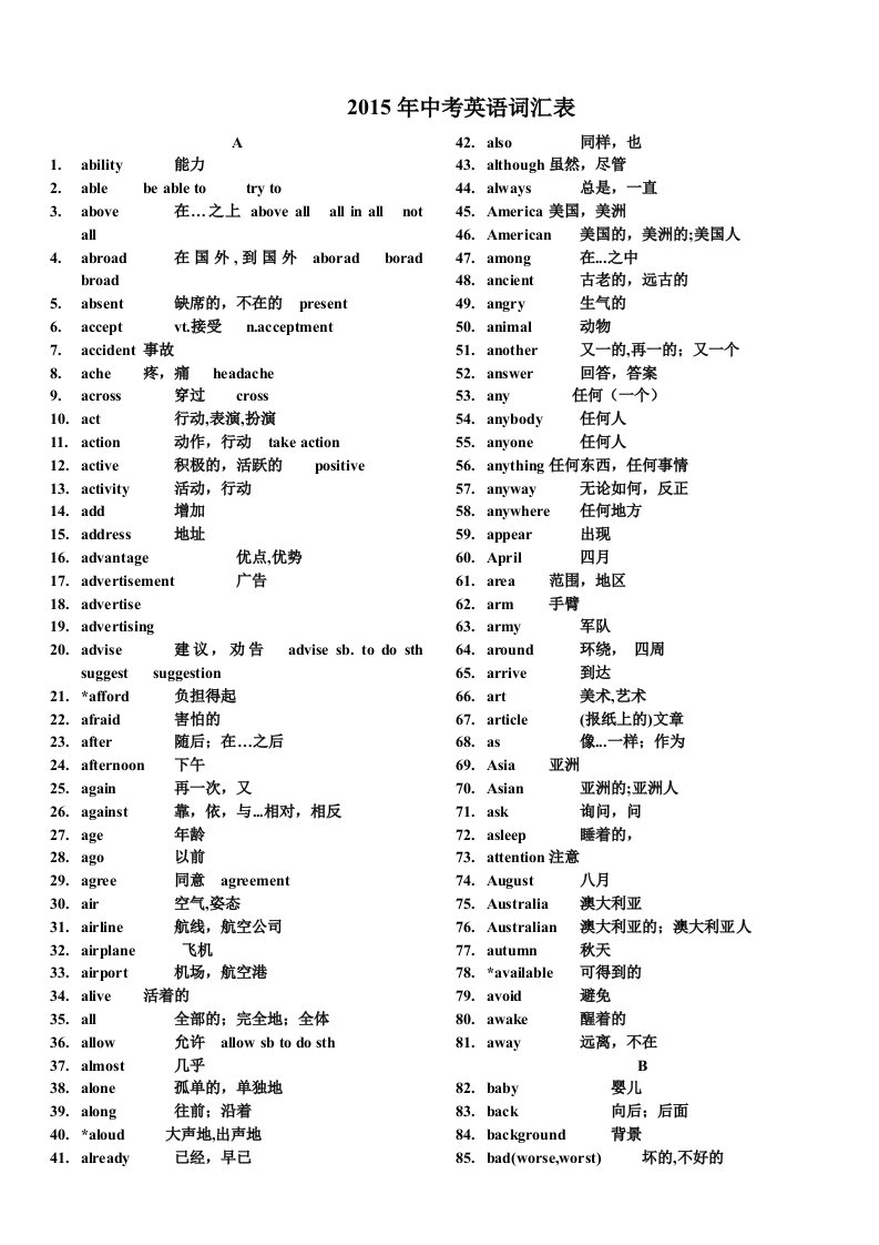 2012年中考英语词汇表