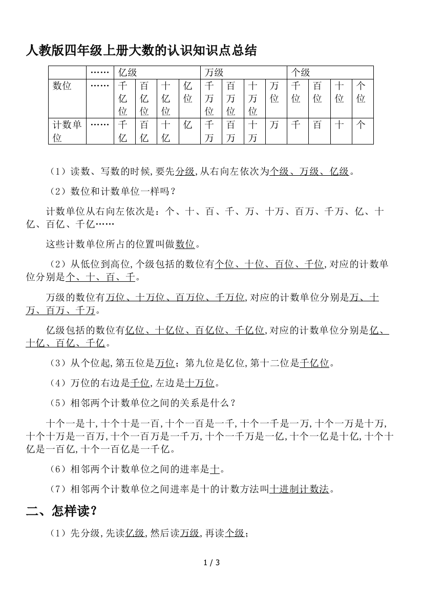 人教版四年级上册大数的认识知识点总结