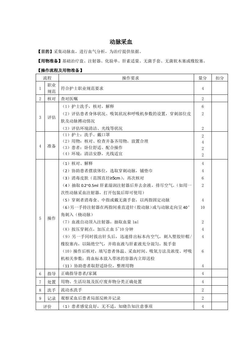 动脉采血操作流程及评分标准