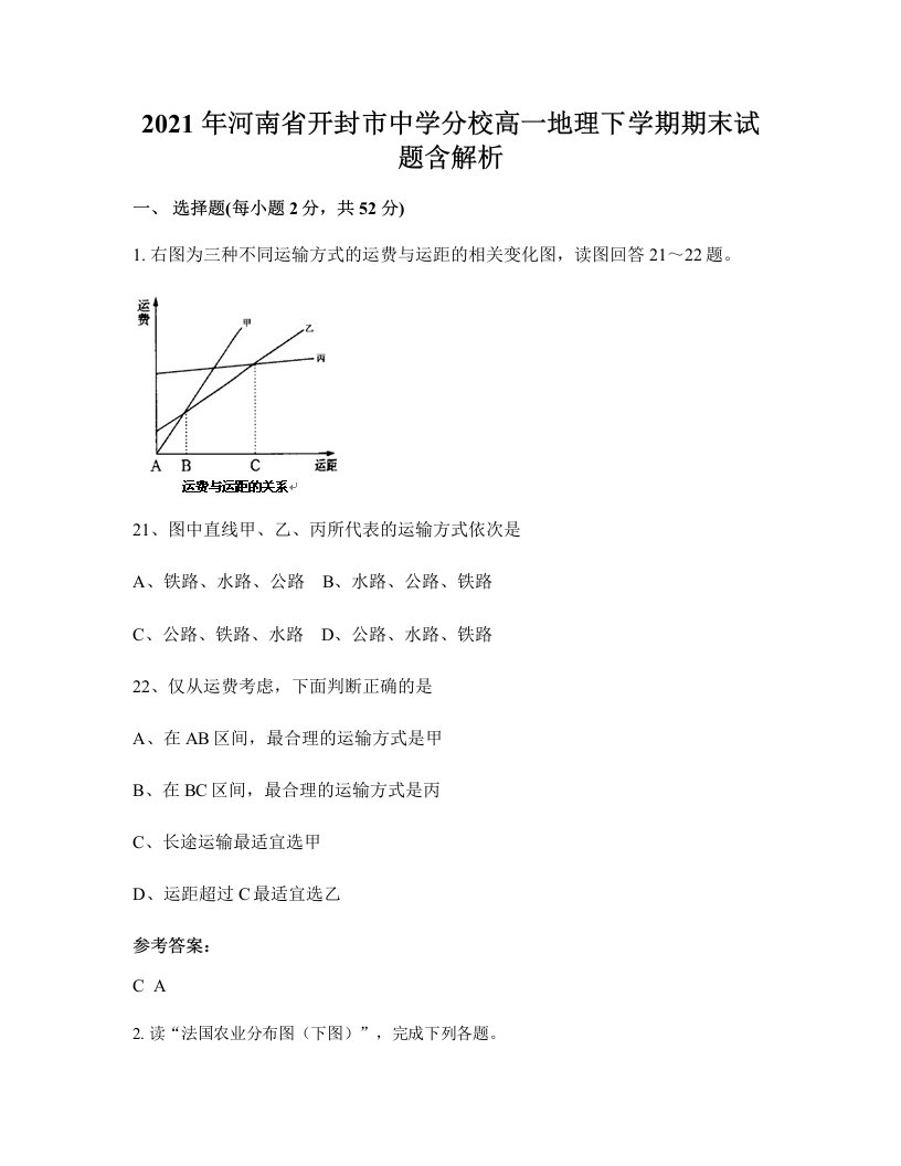 2021年河南省开封市中学分校高一地理下学期期末试题含解析