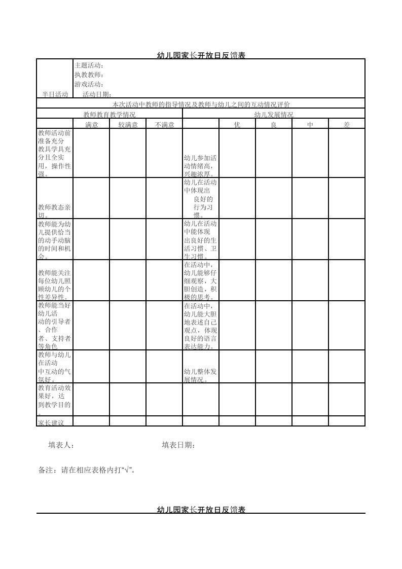 幼儿园家长开放日反馈表