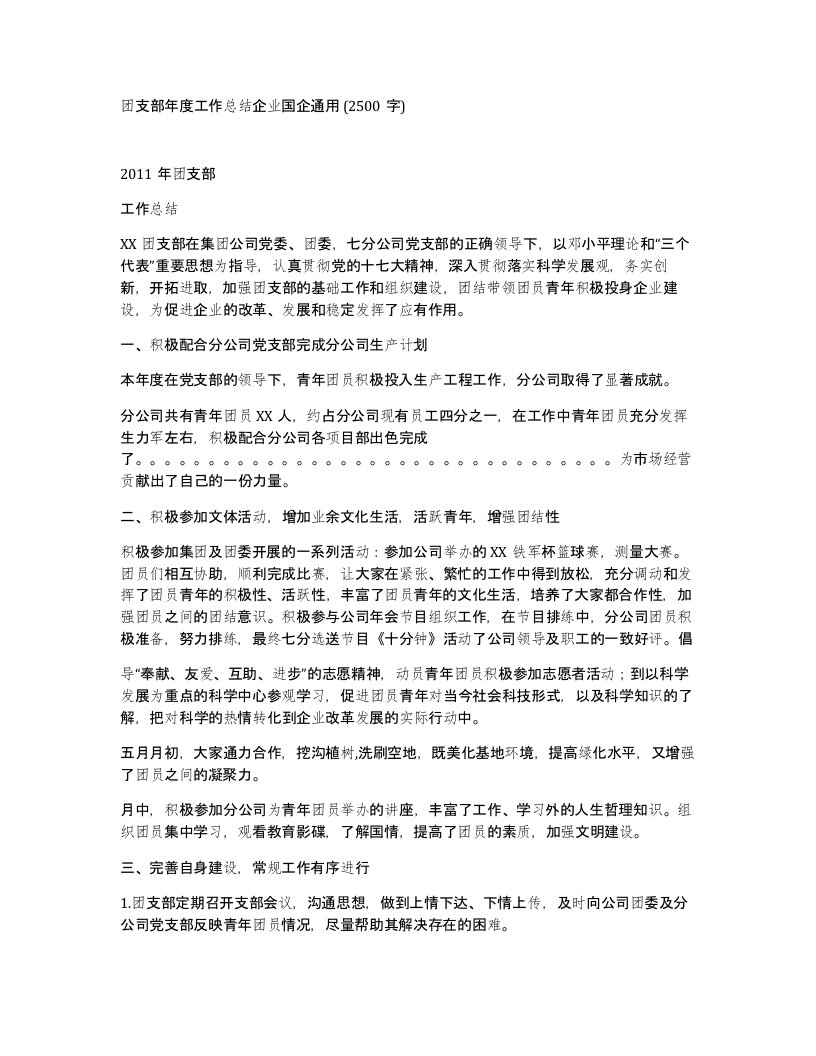 团支部年度工作总结企业国企通用2500字