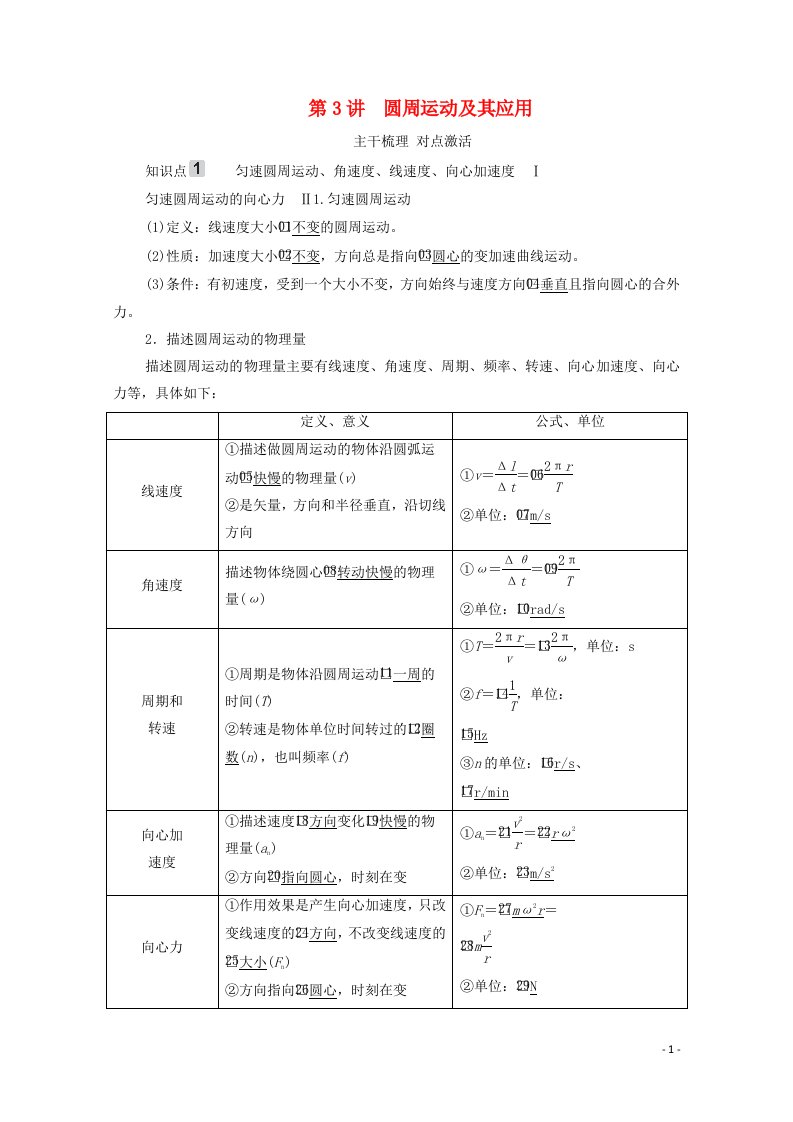 2021高考物理一轮复习第4章曲线运动万有引力与航天第3讲圆周运动及其应用学案新人教版