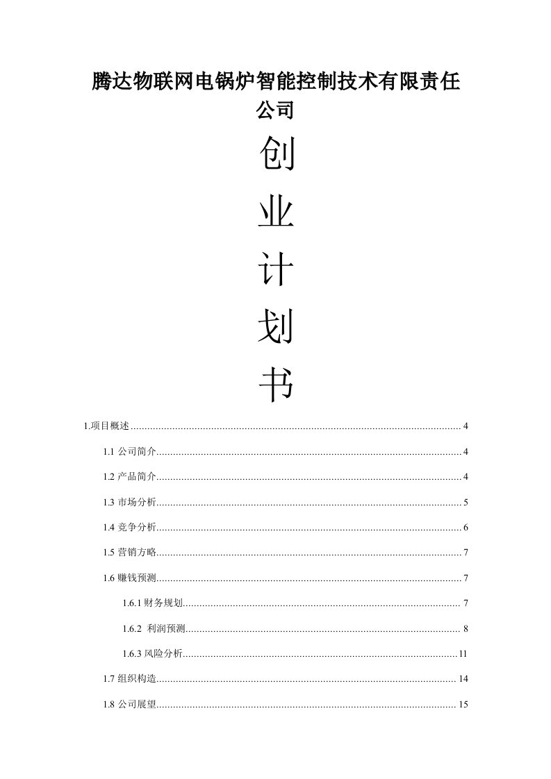 互联网加腾达物联网电锅炉智能控制重点技术有限公司加创业综合计划书