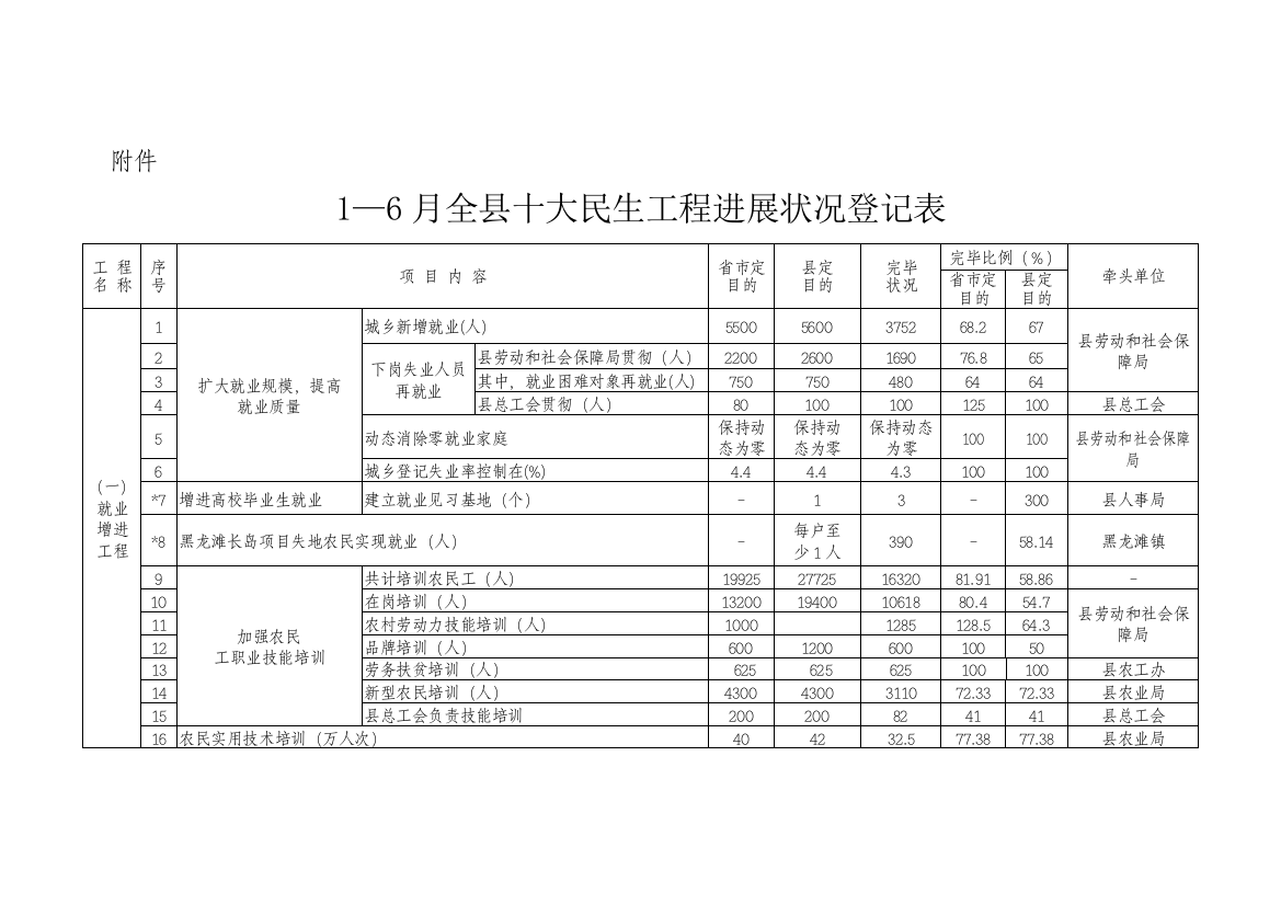 月全县十大民生工程进展情况统计表样本