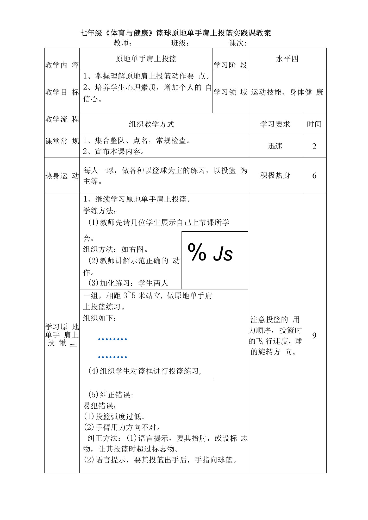 七年级《体育与健康》篮球原地单手肩上投篮实践课教案