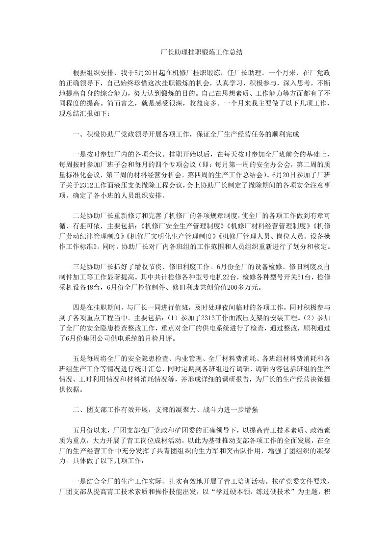 厂长助理挂职锻炼工作总结