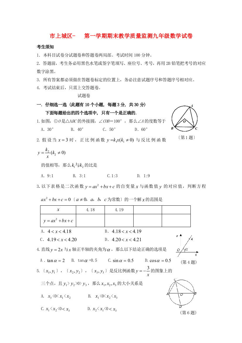 （整理版）市上城区第一学期期末教学质量监测九年级数