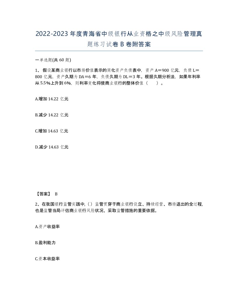 2022-2023年度青海省中级银行从业资格之中级风险管理真题练习试卷B卷附答案