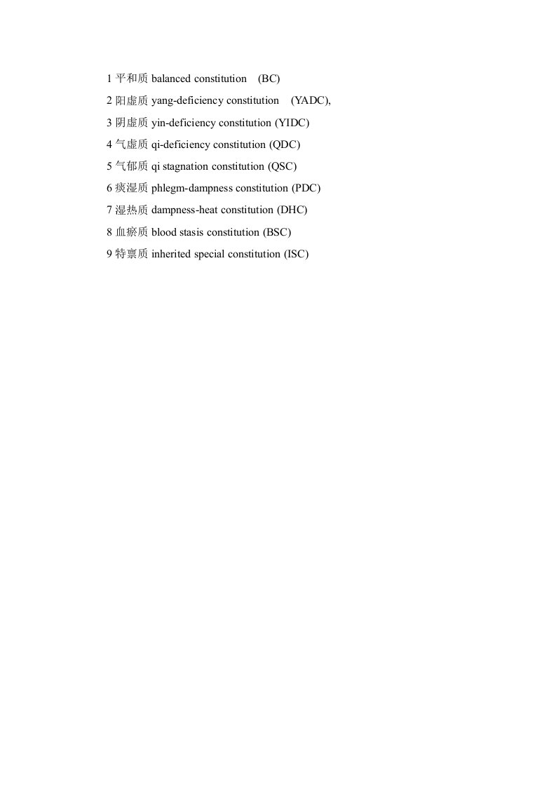 9种中医体质名称英文标准翻译