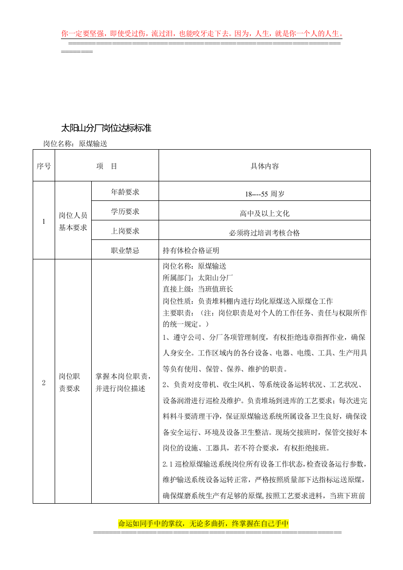 原煤输送工岗位达标标准