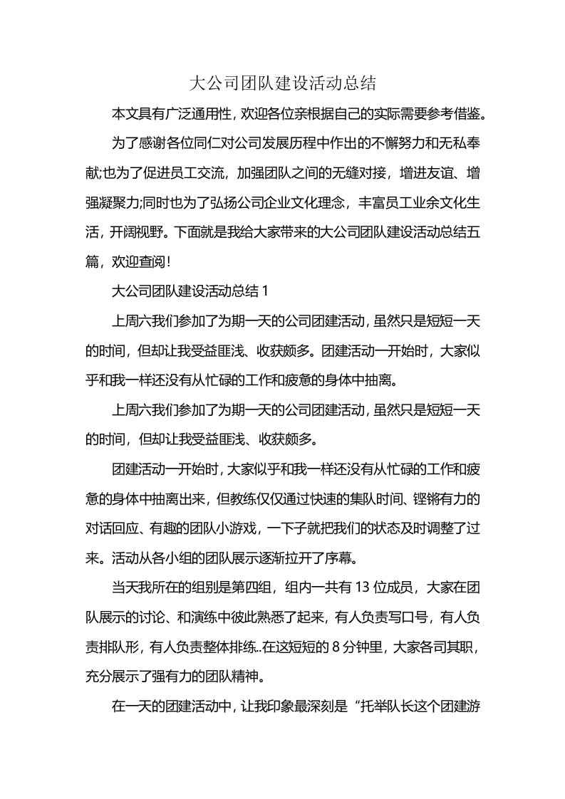 大公司团队建设活动总结