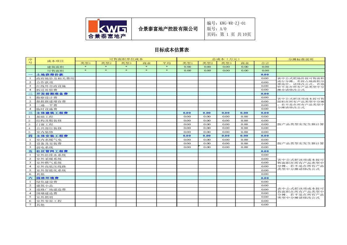 1－目标成本估算表KWG-WR-ZJ-01