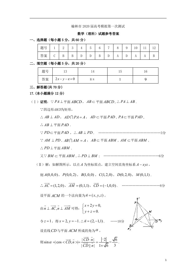 陕西省榆林市2020届高三数学第一次模拟测试试题答案