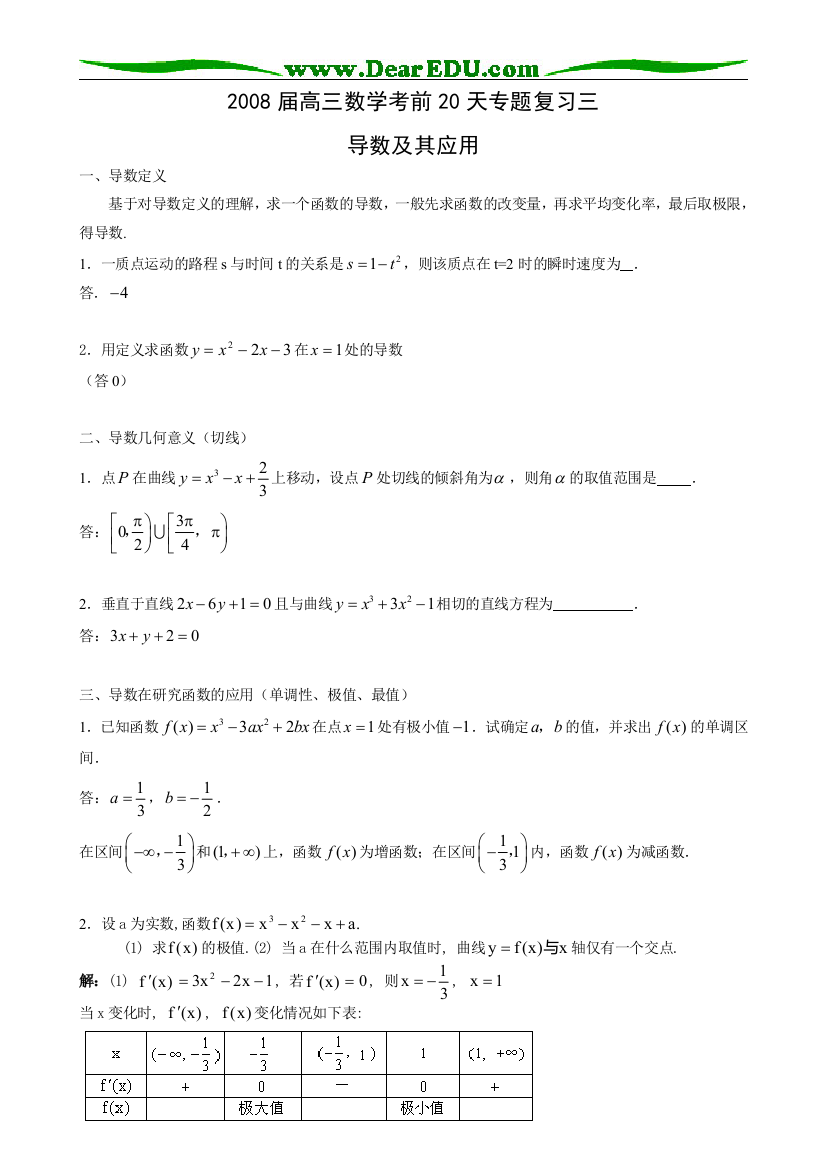 2008届高三数学考前20天专题复习三（导数及其应用）