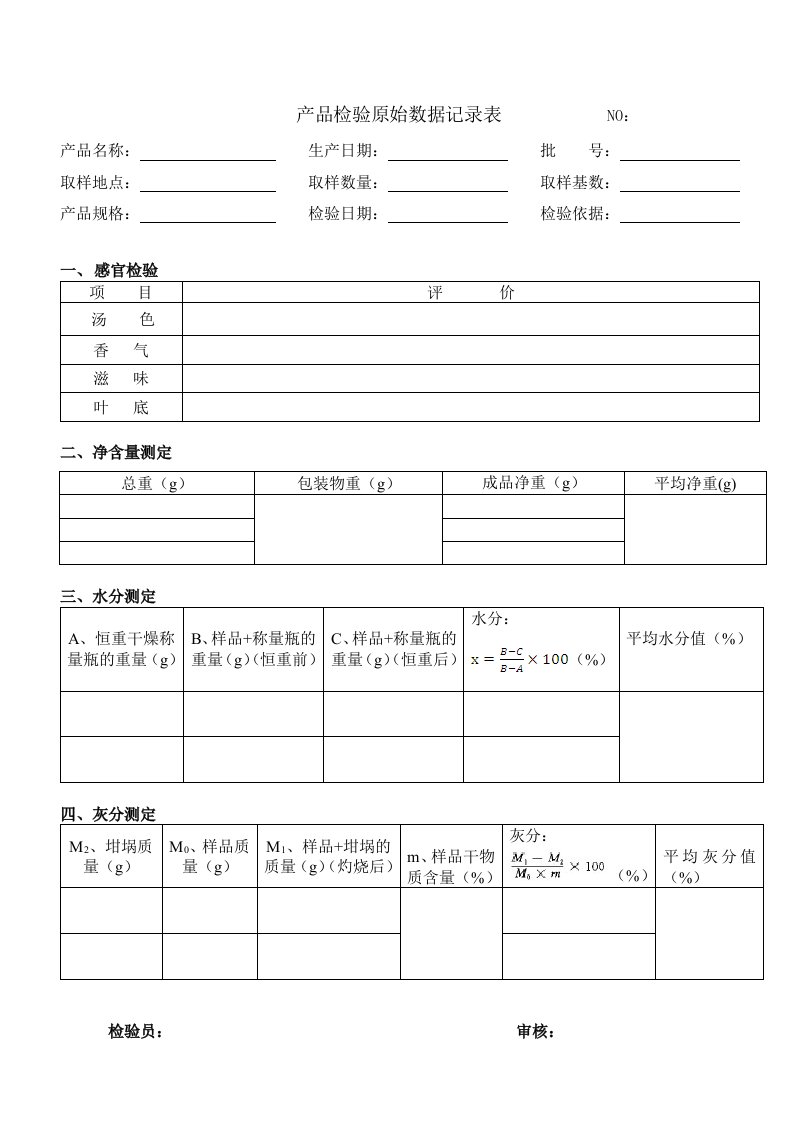 茶叶产品检验原始记录表