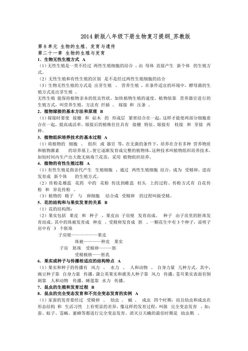 苏教版初二生物下册知识点归纳