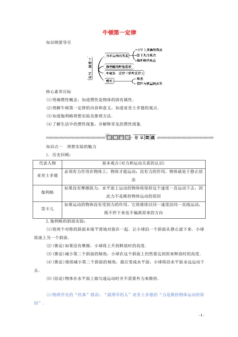 2021_学年高中物理第四章牛顿运动定律1牛顿第一定律学案新人教版必修1