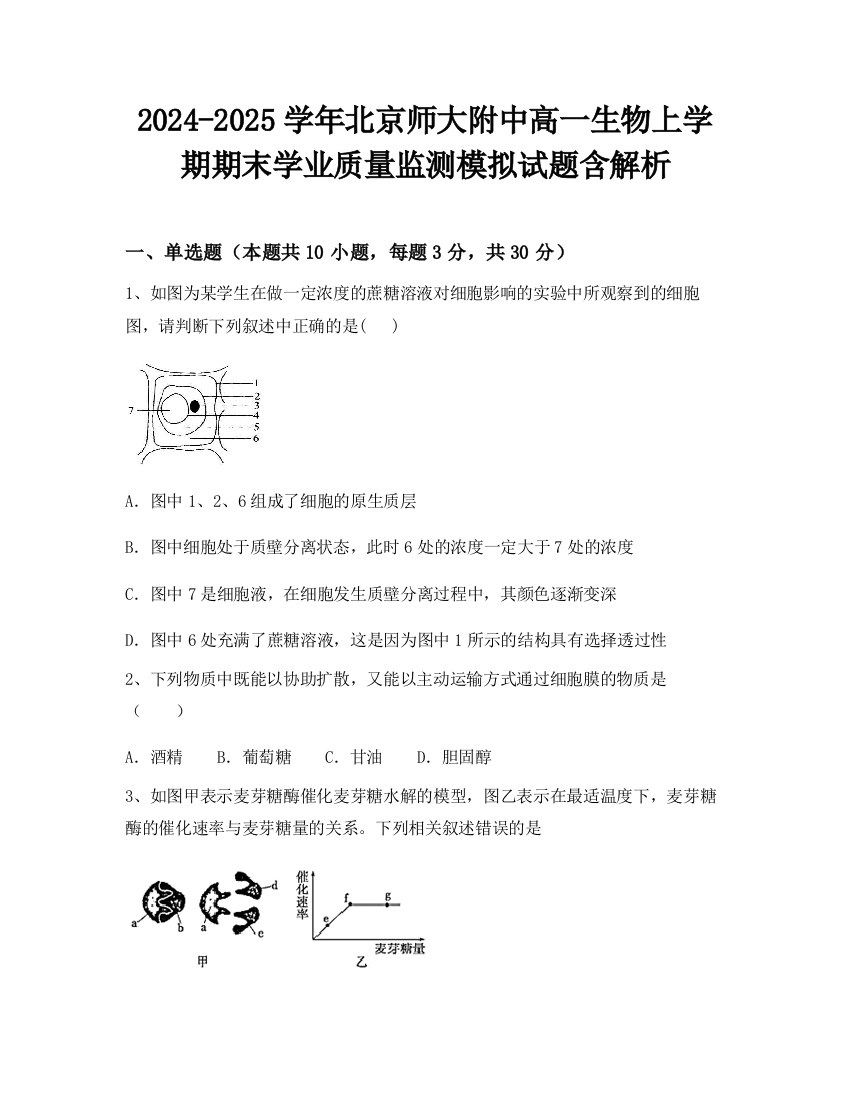 2024-2025学年北京师大附中高一生物上学期期末学业质量监测模拟试题含解析