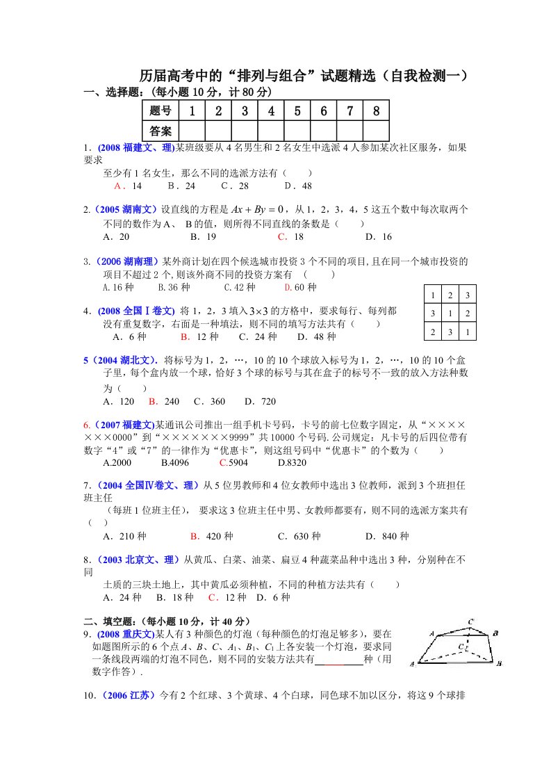 历届高考中的“排列与组合”试题精选