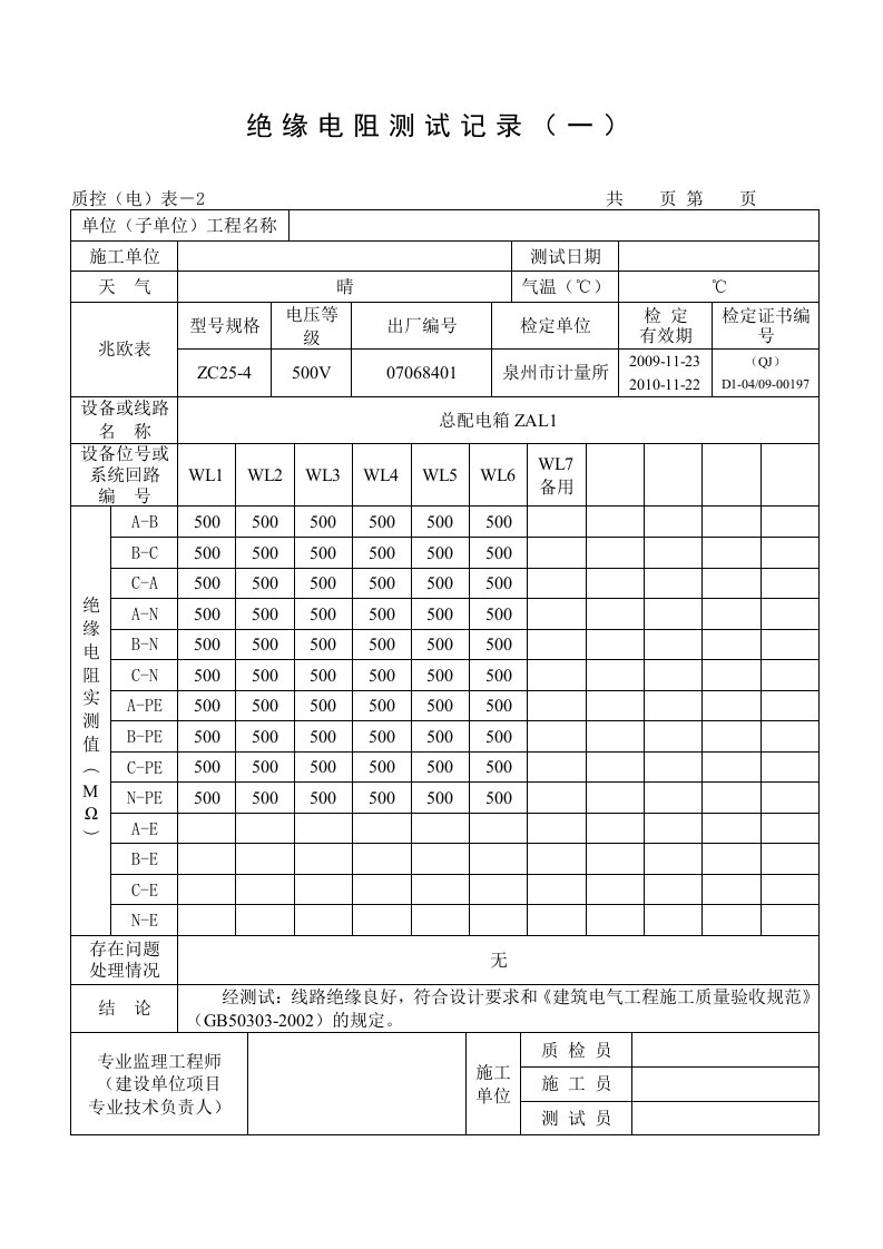 范例-绝缘电阻测试记录